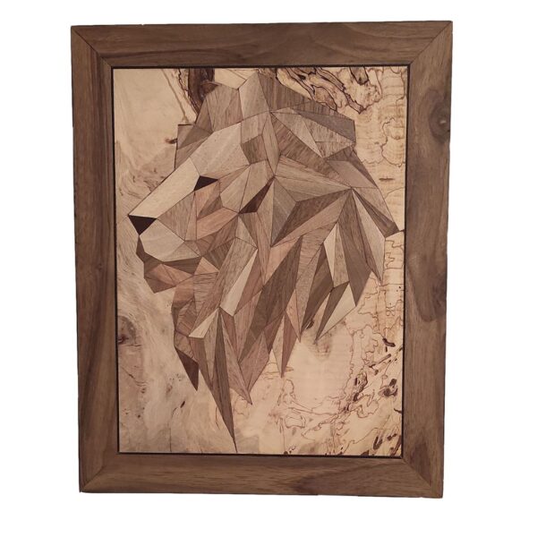 Art Mural en Marqueterie de Bois – Panneau en Marqueterie avec Design de Lion