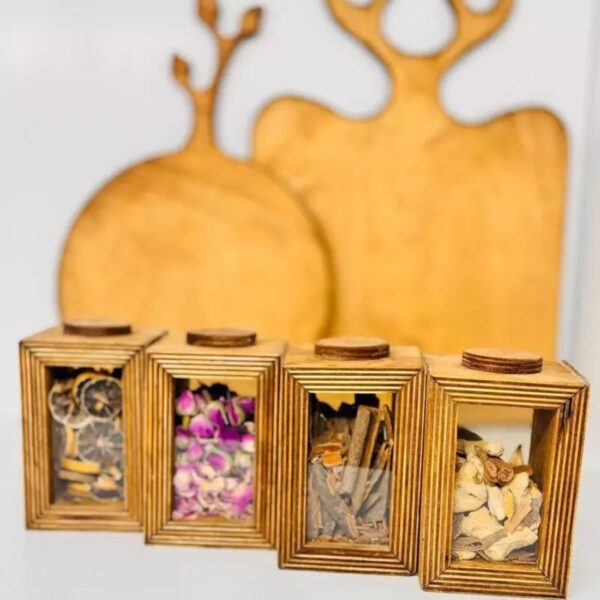 Étagère à épices en bois avec boîtes de rangement transparentes et 4 sections