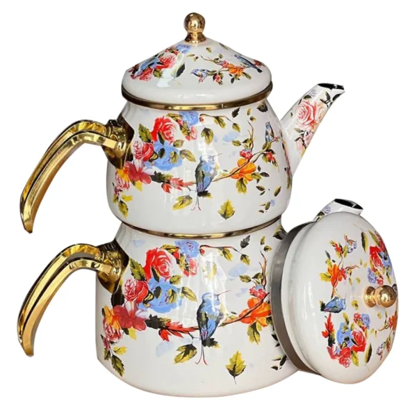 Ensemble Théière et Bouilloire en Émail – Motif Floral et Oiseaux