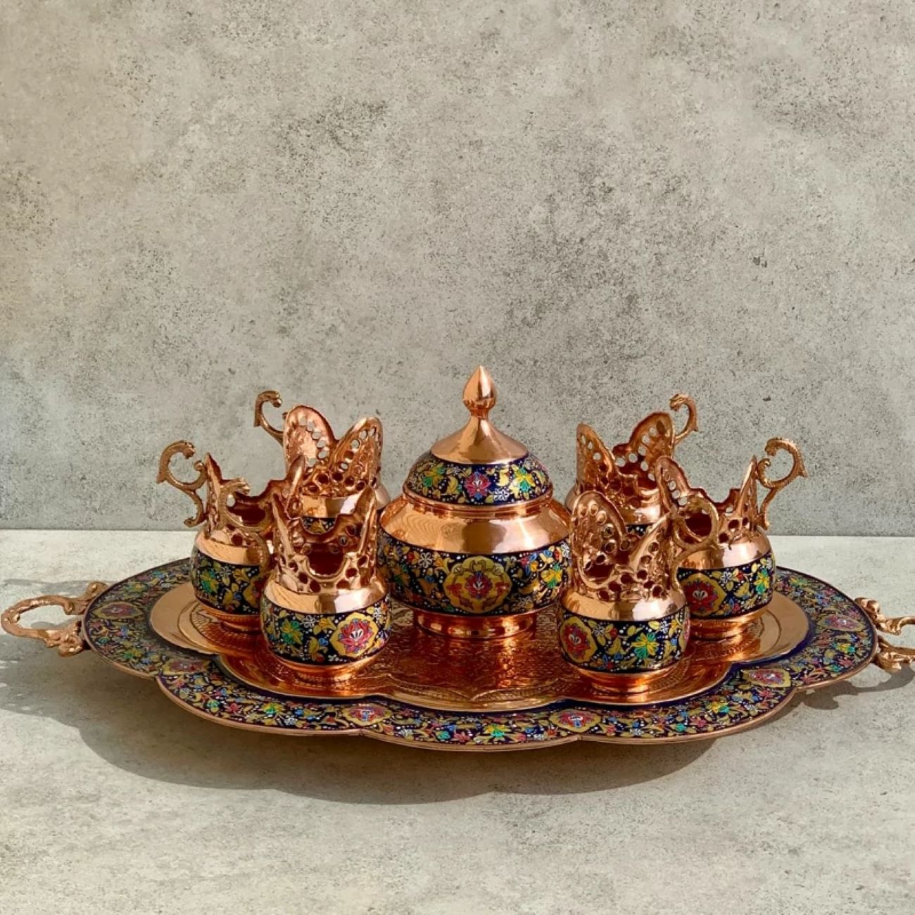 6-person Copper and Mina Kari Tea Set with Very Delicate and Unique Patterns