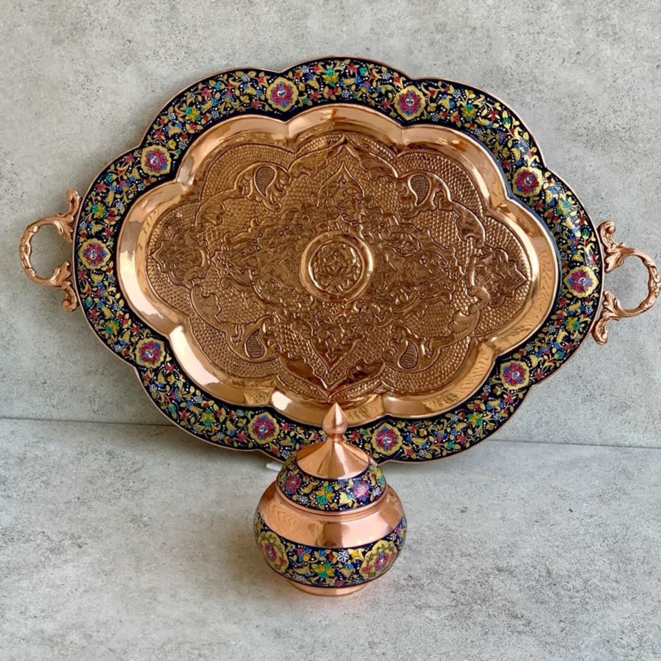6-person Copper and Mina Kari Tea Set with Very Delicate and Unique Patterns