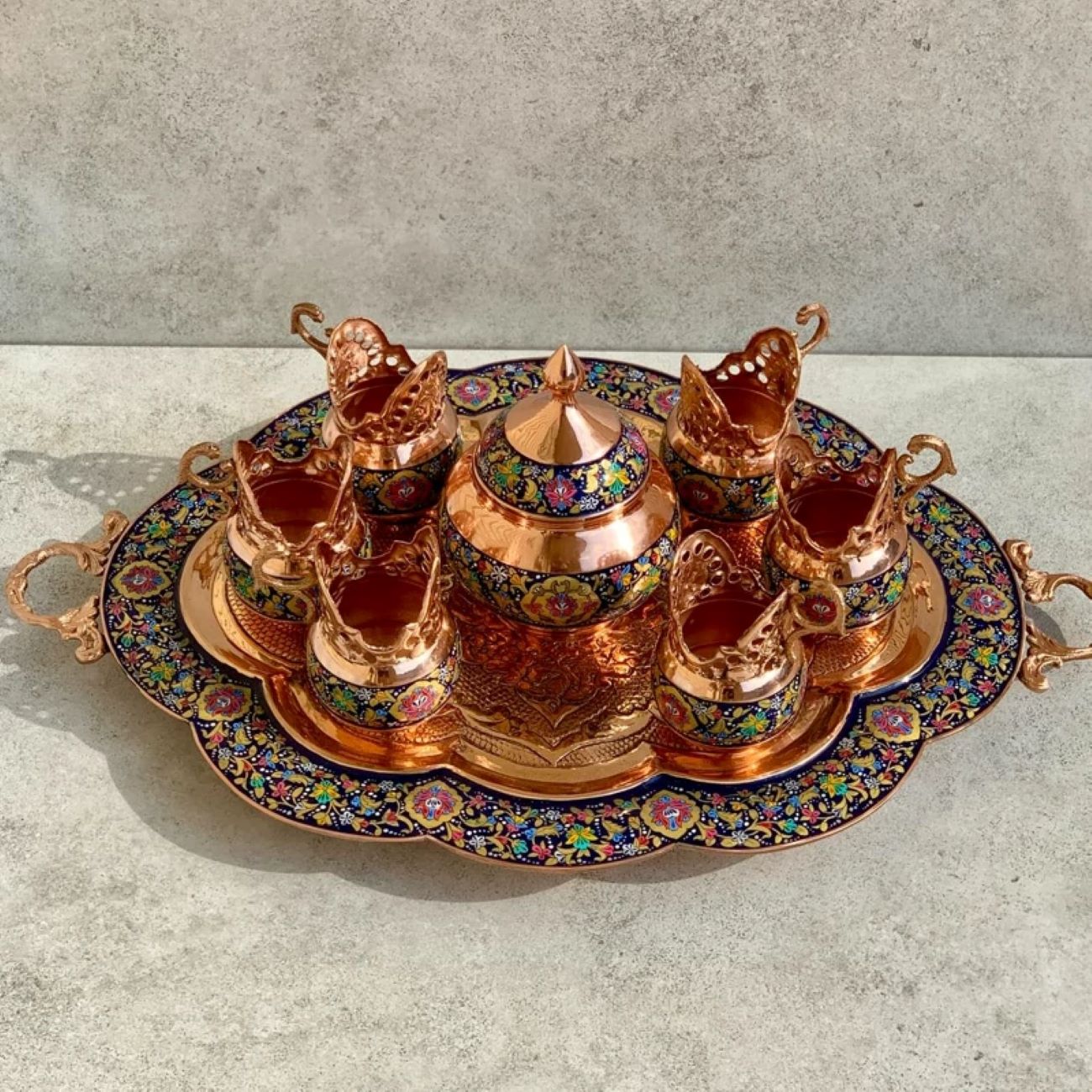 6-person Copper and Mina Kari Tea Set with Very Delicate and Unique Patterns