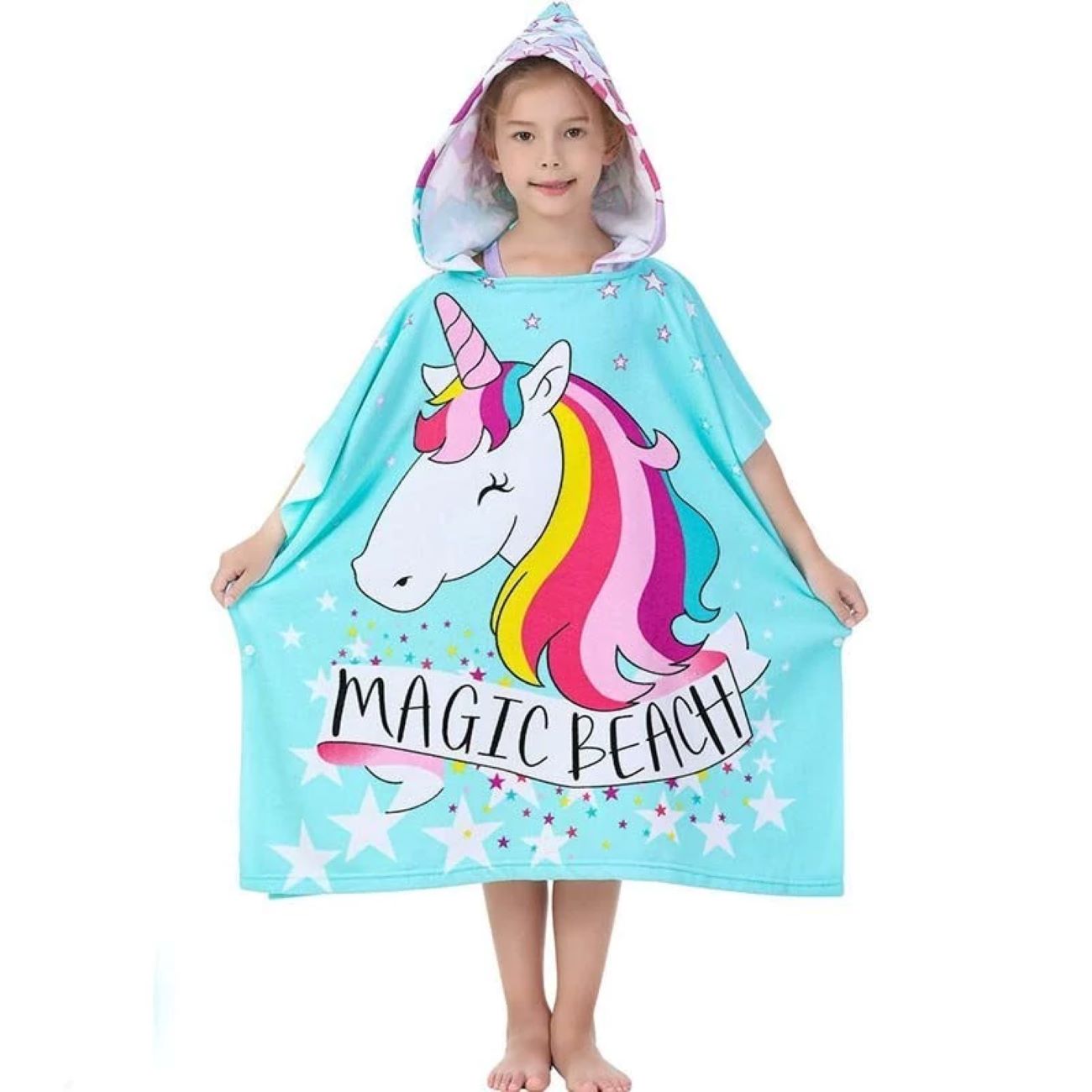 Poncho serviette bleu doux pour enfant avec motif licorne
