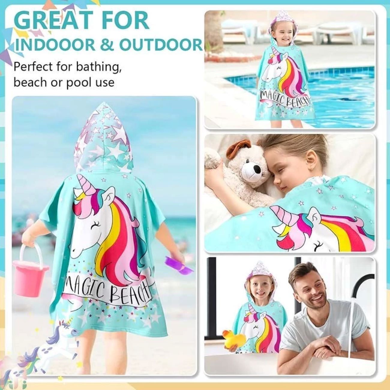 Poncho serviette bleu doux pour enfant avec motif licorne