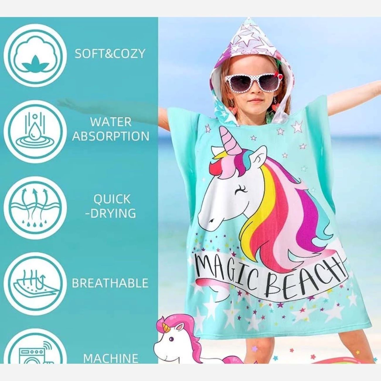 Poncho serviette bleu doux pour enfant avec motif licorne