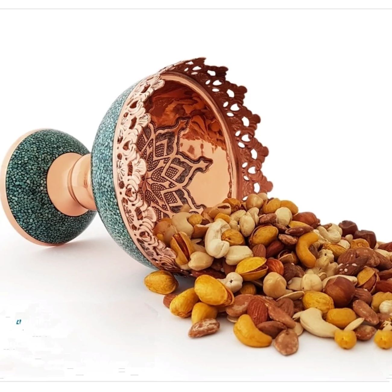 Copper Nut Bowl 16 cm with Neyshabur Turquoise Inlay