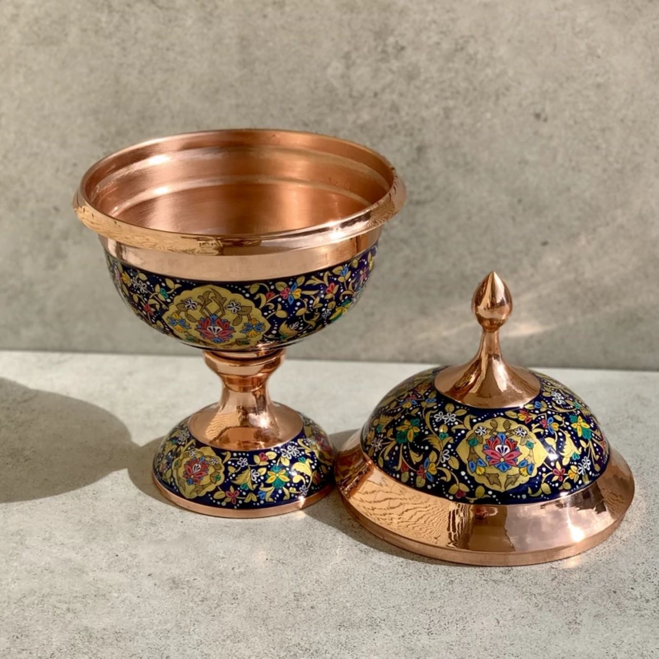 Engraved Persian Minakari Copper Sugar Bowl with Lid