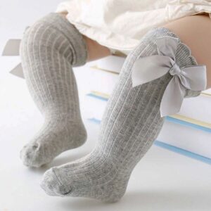 Chaussettes longues pour filles avec nœud – Coton gris de qualité supérieure