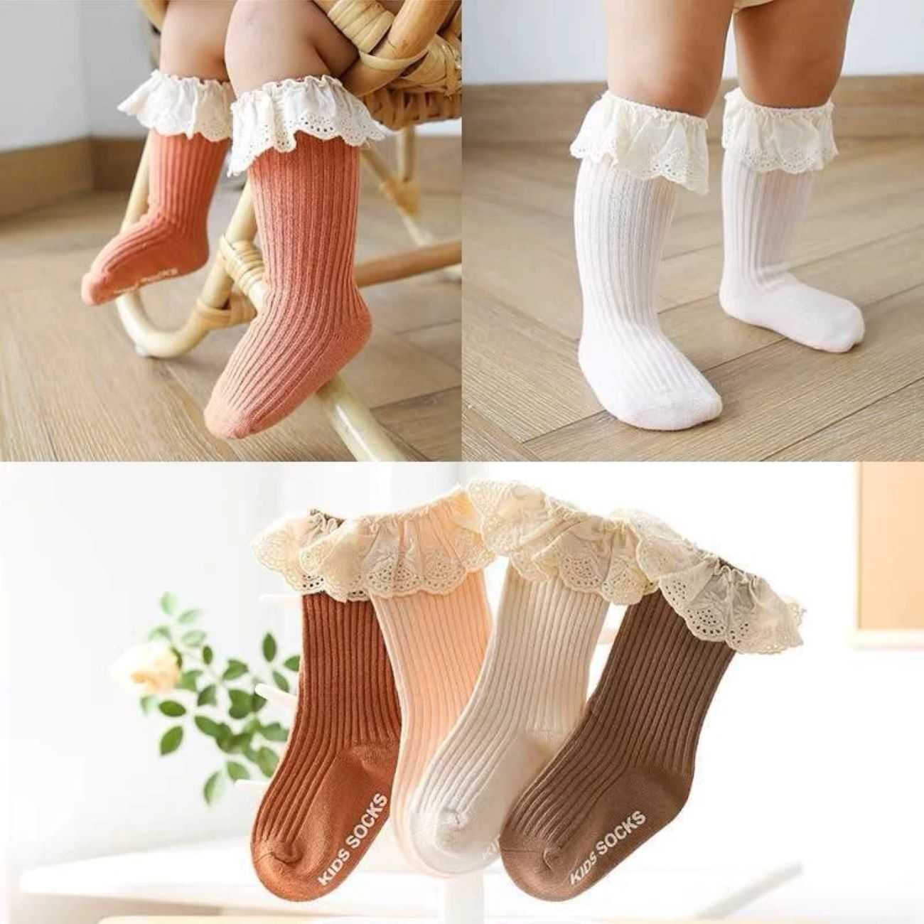 Chaussettes jusqu’aux genoux avec bordure en dentelle pour bébés et tout-petits (0-4 ans)