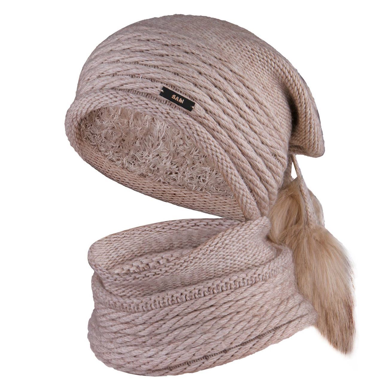 Ensemble bonnet et écharpe tricotés, modèle Sam, avec doublure en fourrure