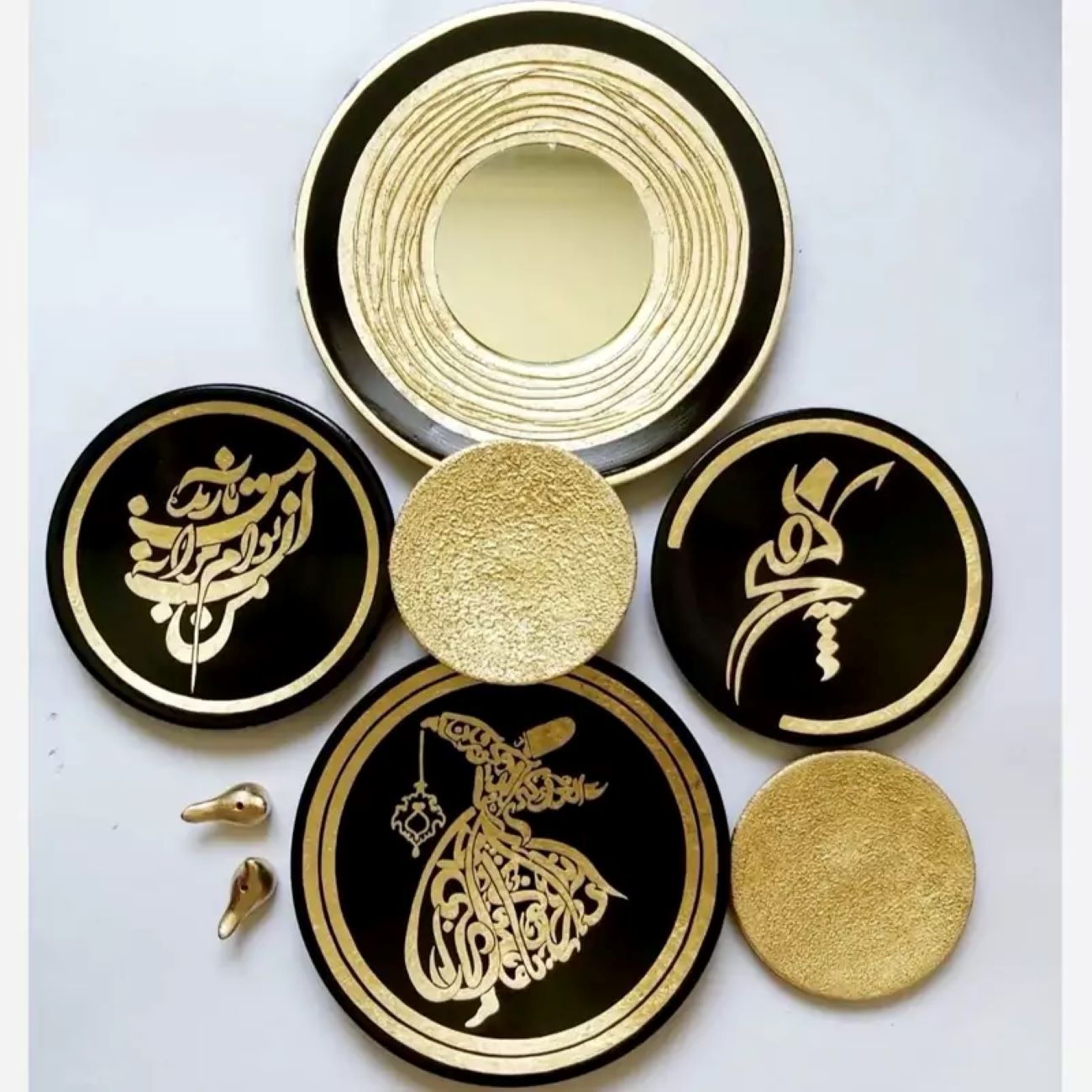 Assiettes murales en céramique avec miroir en relief, motif Hich et danse soufie — Lot de 6