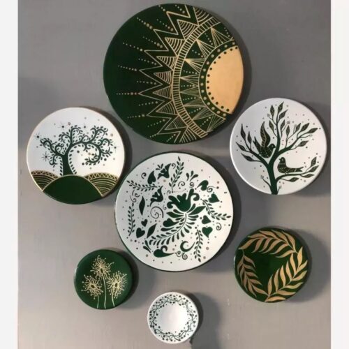 Assiettes murales en céramique avec motifs de soleil, d'arbre et d'oiseau — Lot de 7