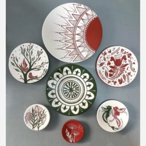 Assiettes murales en céramique avec motif soleil et oiseau — Lot de 7