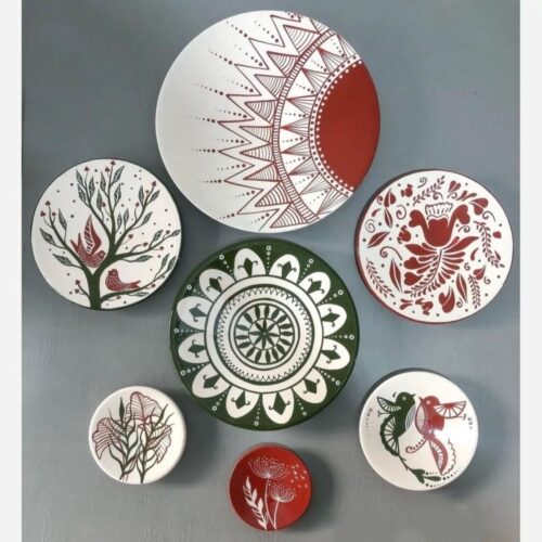 Assiettes murales en céramique avec motif soleil et oiseau — Lot de 7