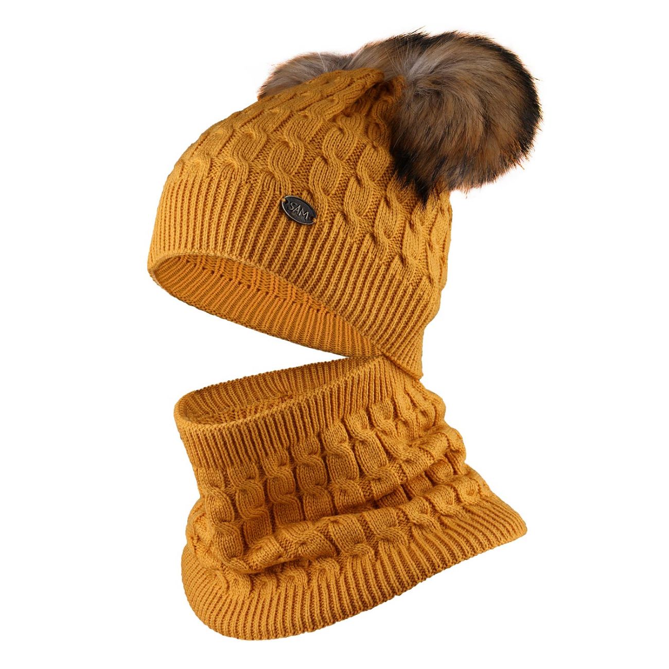 Ensemble écharpe circulaire et bonnet tricoté avec doublure en fourrure – Style oreilles fantaisie