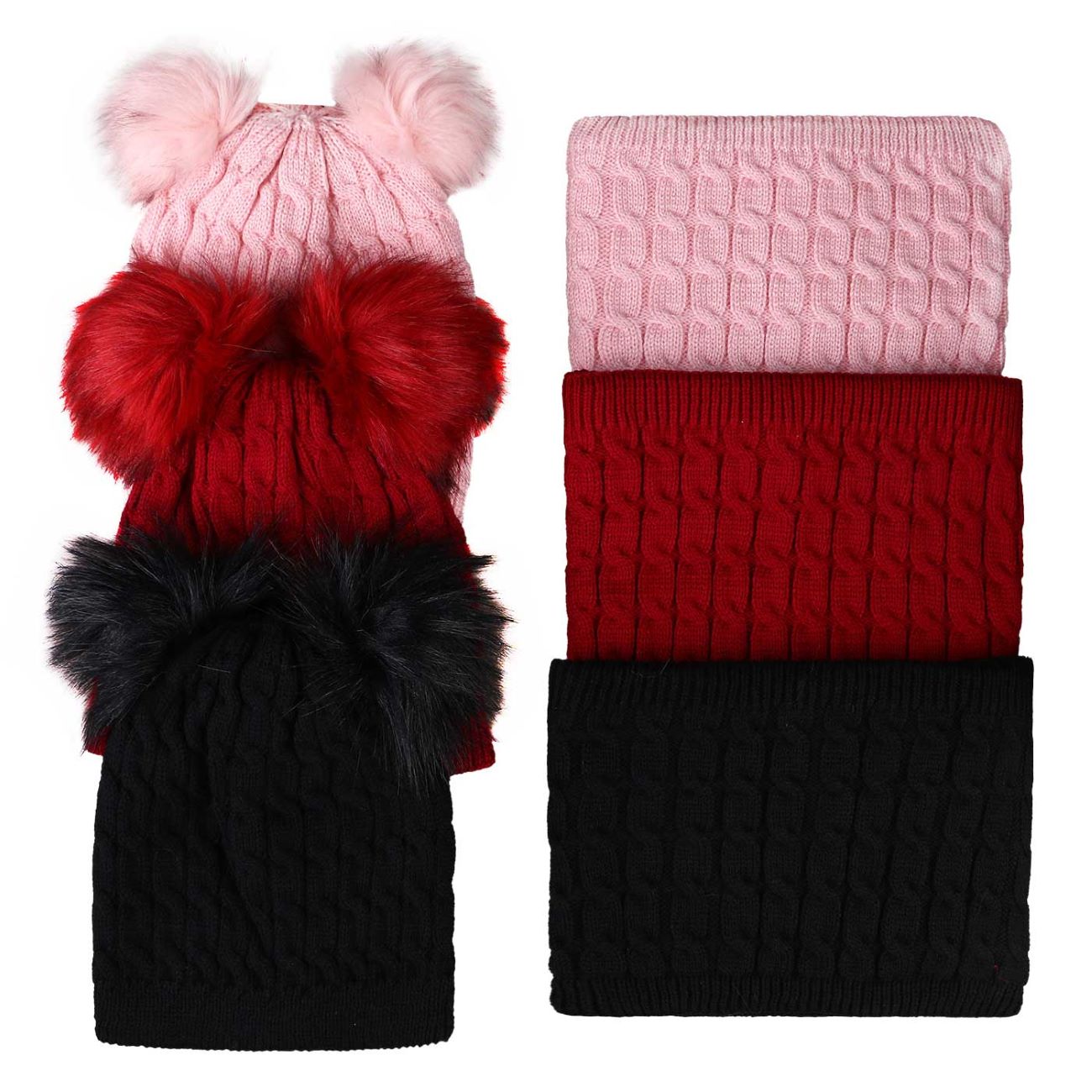 Ensemble écharpe circulaire et bonnet tricoté avec doublure en fourrure – Style oreilles fantaisie