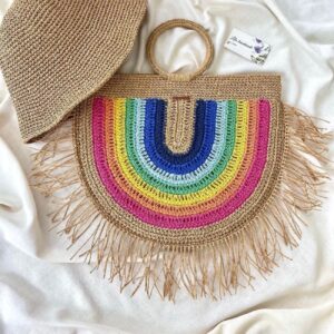 Sac à main d’été en raphia – Fait main au crochet avec fil en papier arc-en-ciel