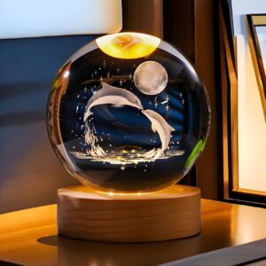 Lampe de Table Globe Cristal 3D, Modèle Romantique Dauphin et Lune