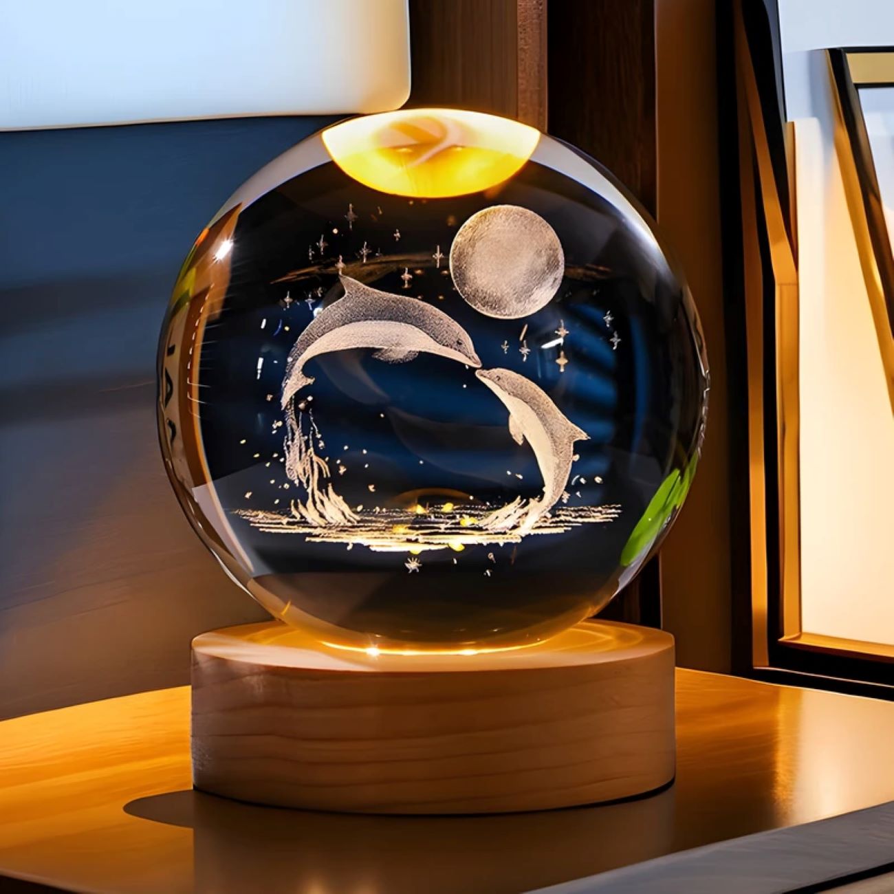 Lampe de Table Globe Cristal 3D, Modèle Romantique Dauphin et Lune