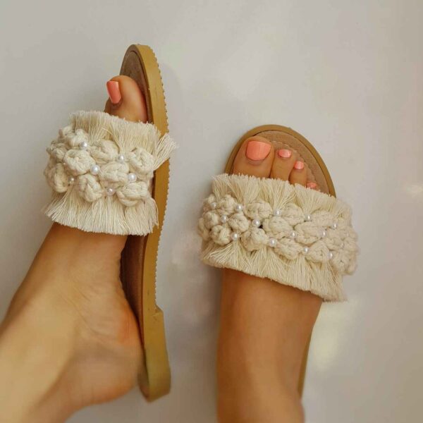 Sandale d’Intérieur Macramé Bohème – Ornée de Perles, Confortable pour un Port Prolongé