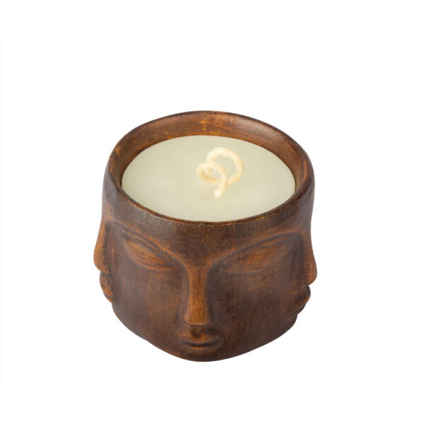 Bougie Décorative en Pot Bois, Durable et Style Rustique avec Motif Visage