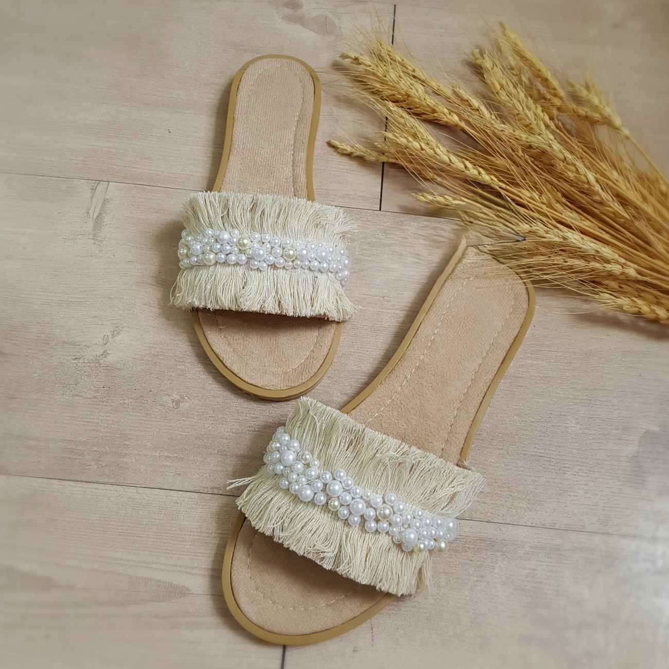 Chausson Macramé Fait Main – Style Bohème, Adapté pour l’Intérieur avec Décor Perles