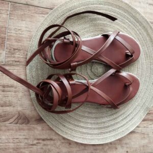 Sandale gladiateur mi-mollet faite main – Cuir véritable marron