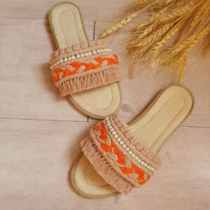 Chaussons en Macramé pour l’Intérieur – Idéal comme Cadeau de Crémaillère avec Perles Orange