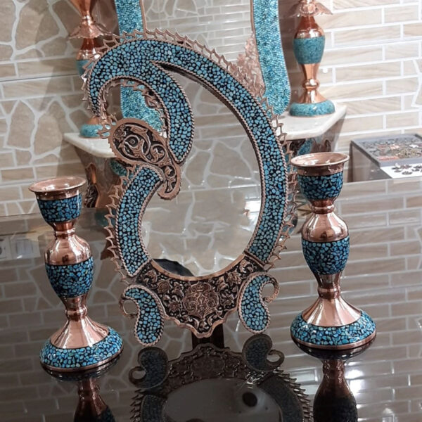 Ensemble Miroir à Incrustation Turquoise de Taille Moyenne et Porte-Bougie – Marque Paransa