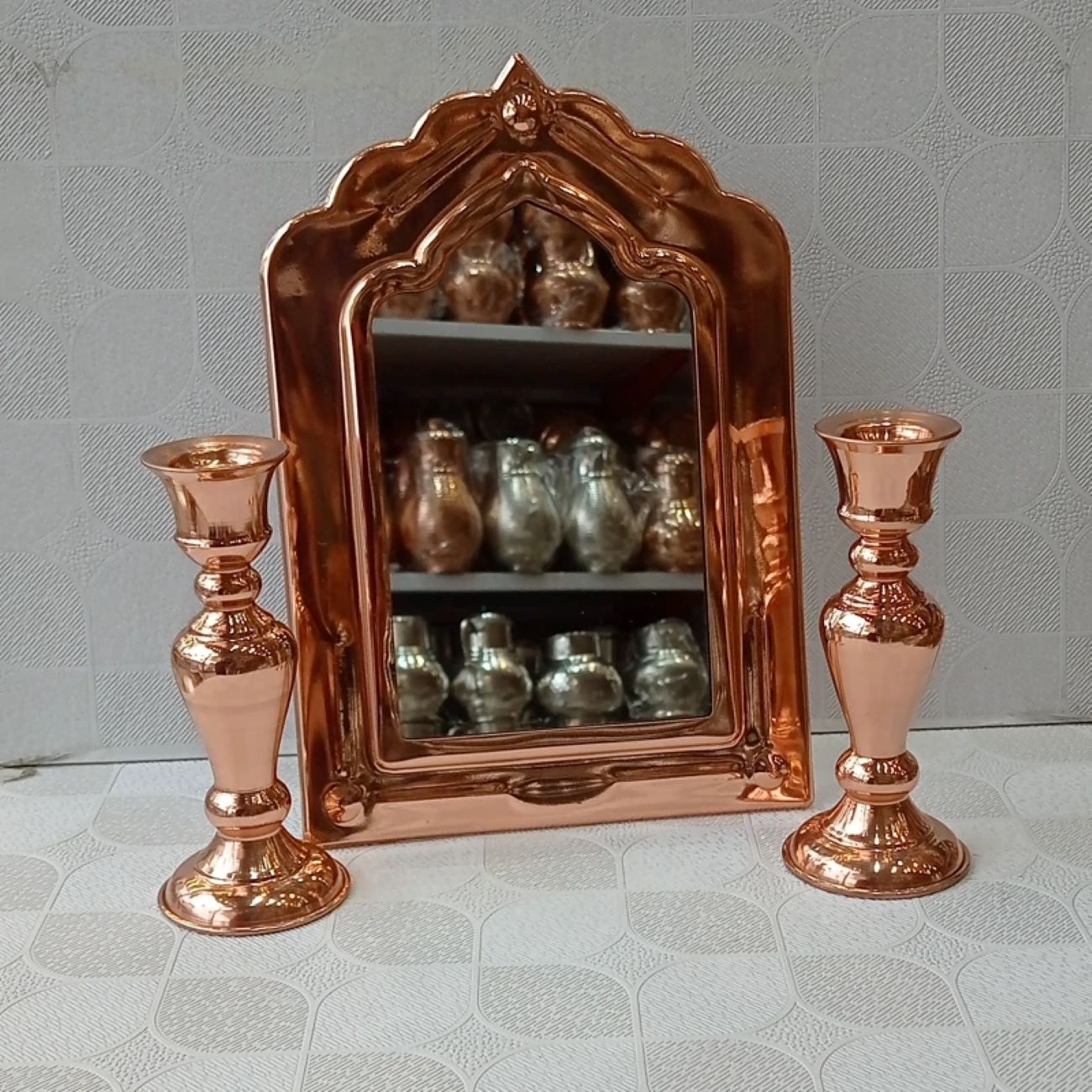 Ensemble miroir et porte-bougie en cuivre nano-revêtu