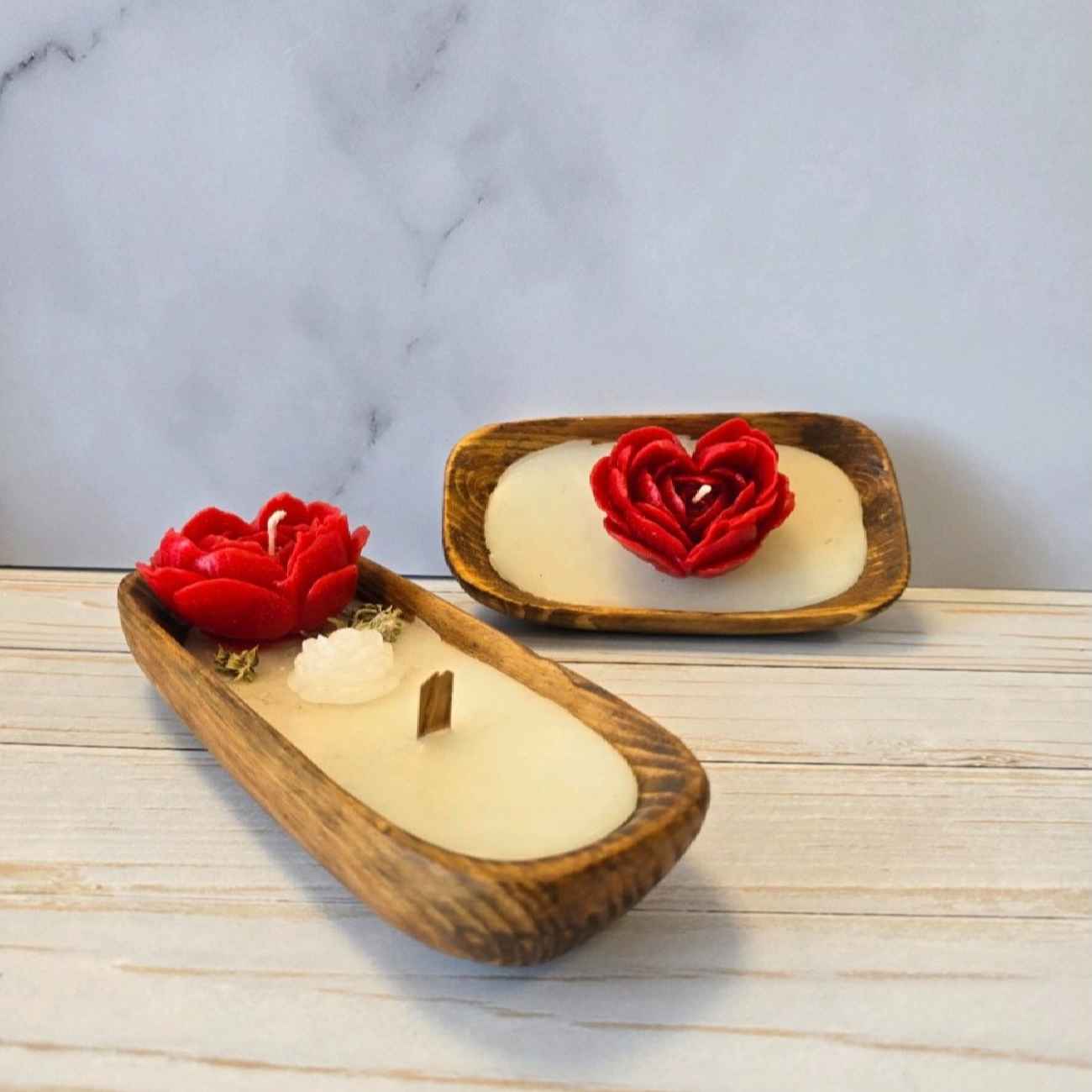 Bougie Cœur Rose Rouge Romantique – Fait Main avec Set de 2 Bols en Bois